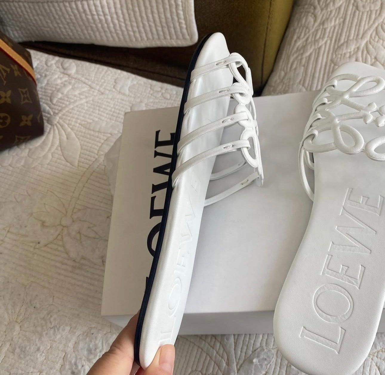 White Petal Leather Anagram Slide Sandals