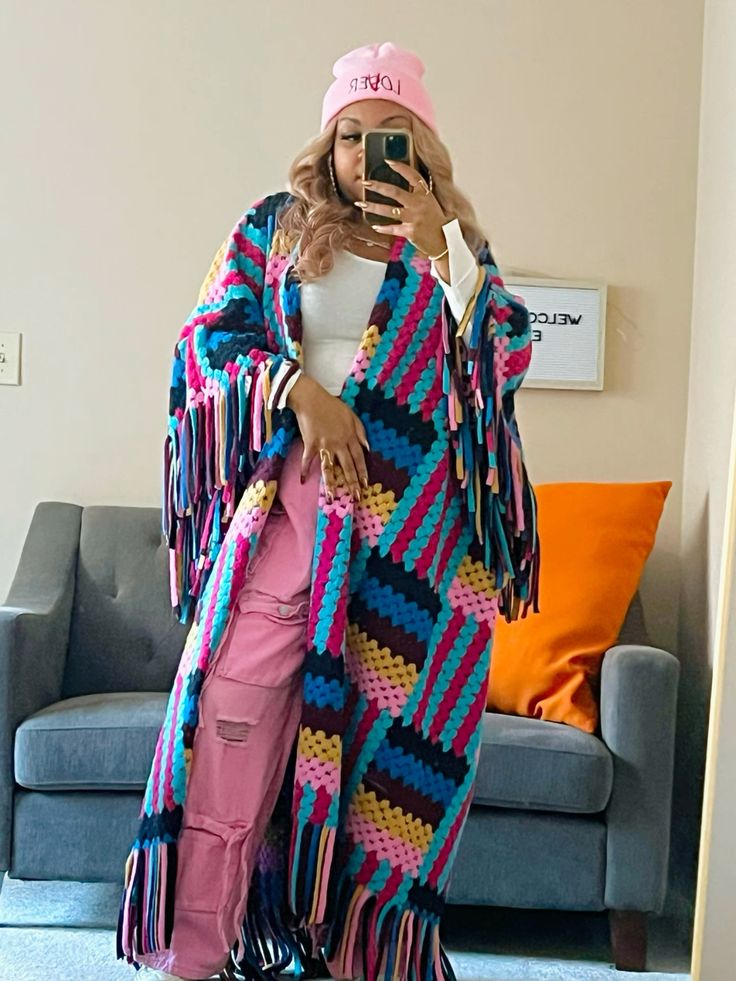 FLY GIRL CARDI | HOODED OPEN FRONT LONG CROCHET COAT KIMONO - PINK BLACK TURQUOISE BLEND