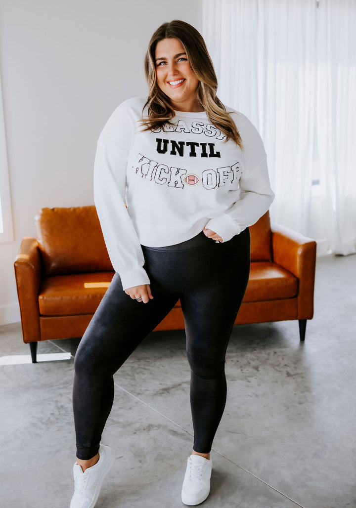 CLASSY UNTIL KICKOFF Plush Letter Patched Loose Sweatshirt