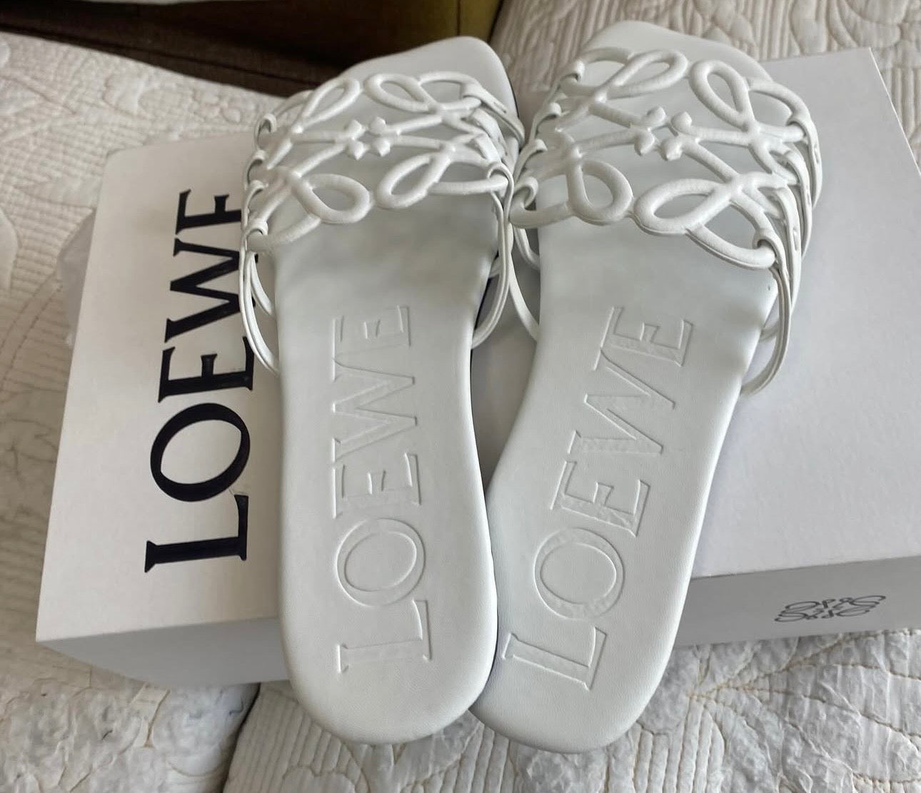 White Petal Leather Anagram Slide Sandals