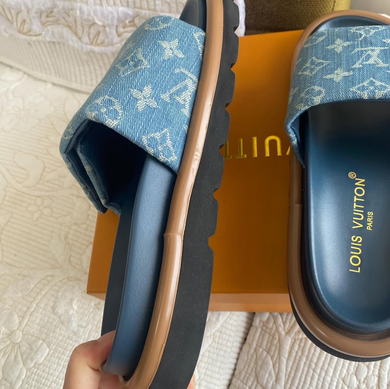 Monogram Denim Fanny Pack + Pillow Flat Comfort Mules