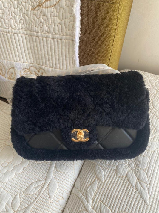 Coco Mini Shearling Flap Bag Black Lambskin