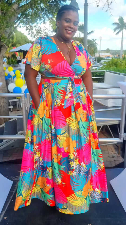 Conjunto de falda larga y top de flores tropicales