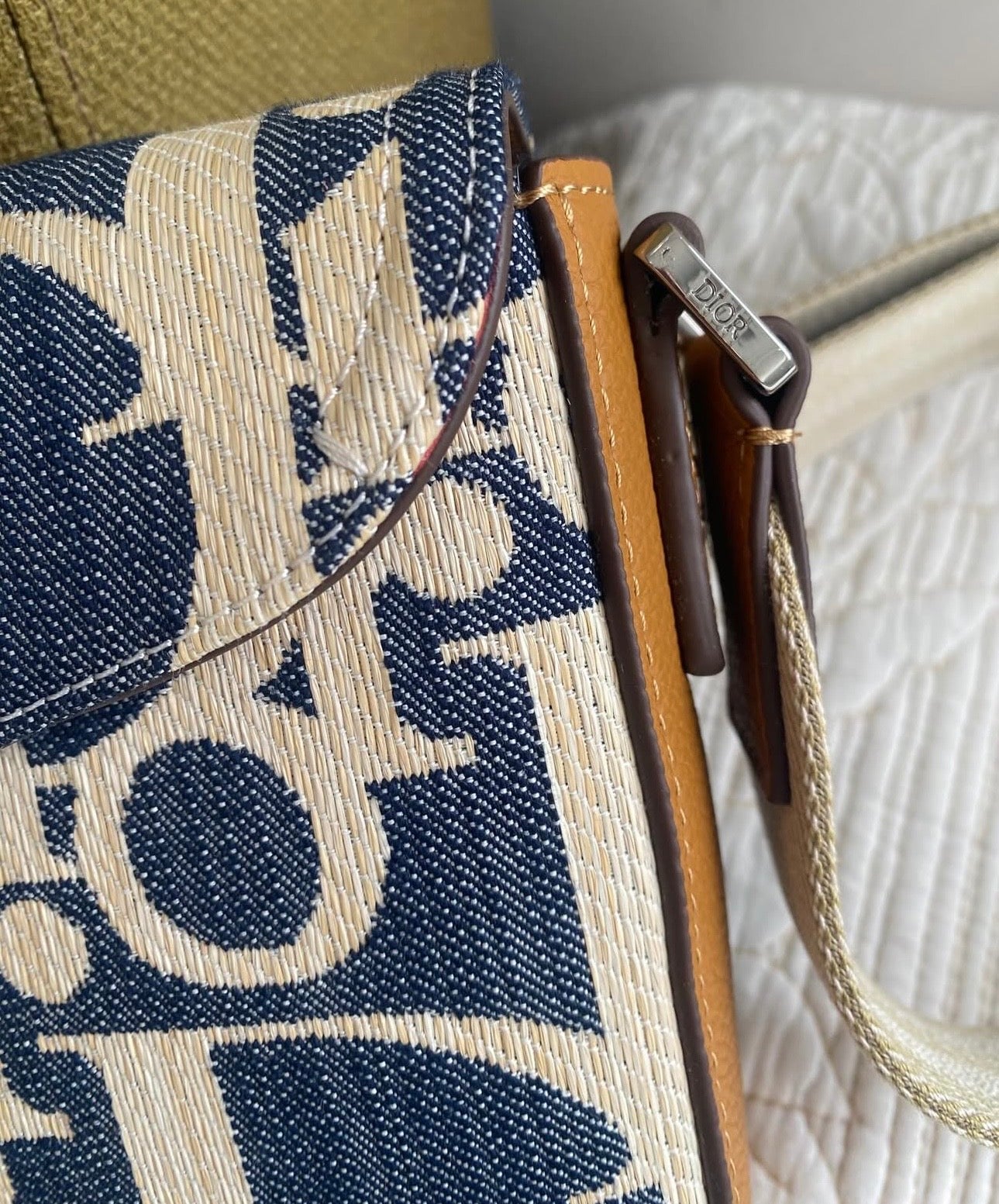 Saddle Messenger Bag Blue and Beige Raffia-Effect Oblique Denim with Brown