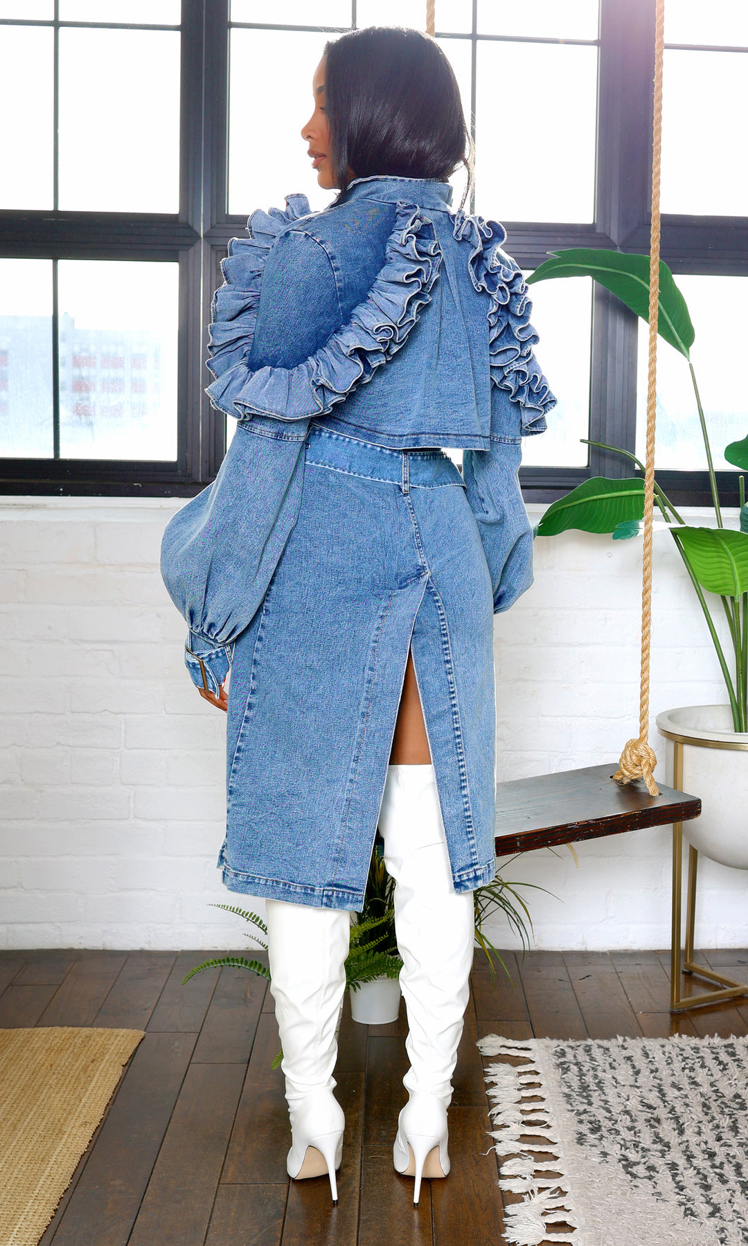 Ruffled Denim Trench Coat