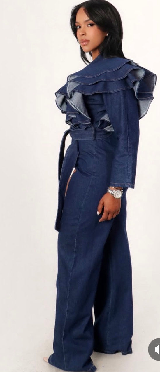 Dark Denim Ruffle Shoulder Jumpsuit XL 1X 2X