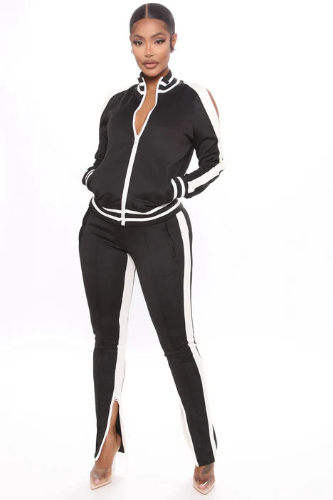 Sporty Chic Zip-Up Pant Set – Black/White (Size Small Only)