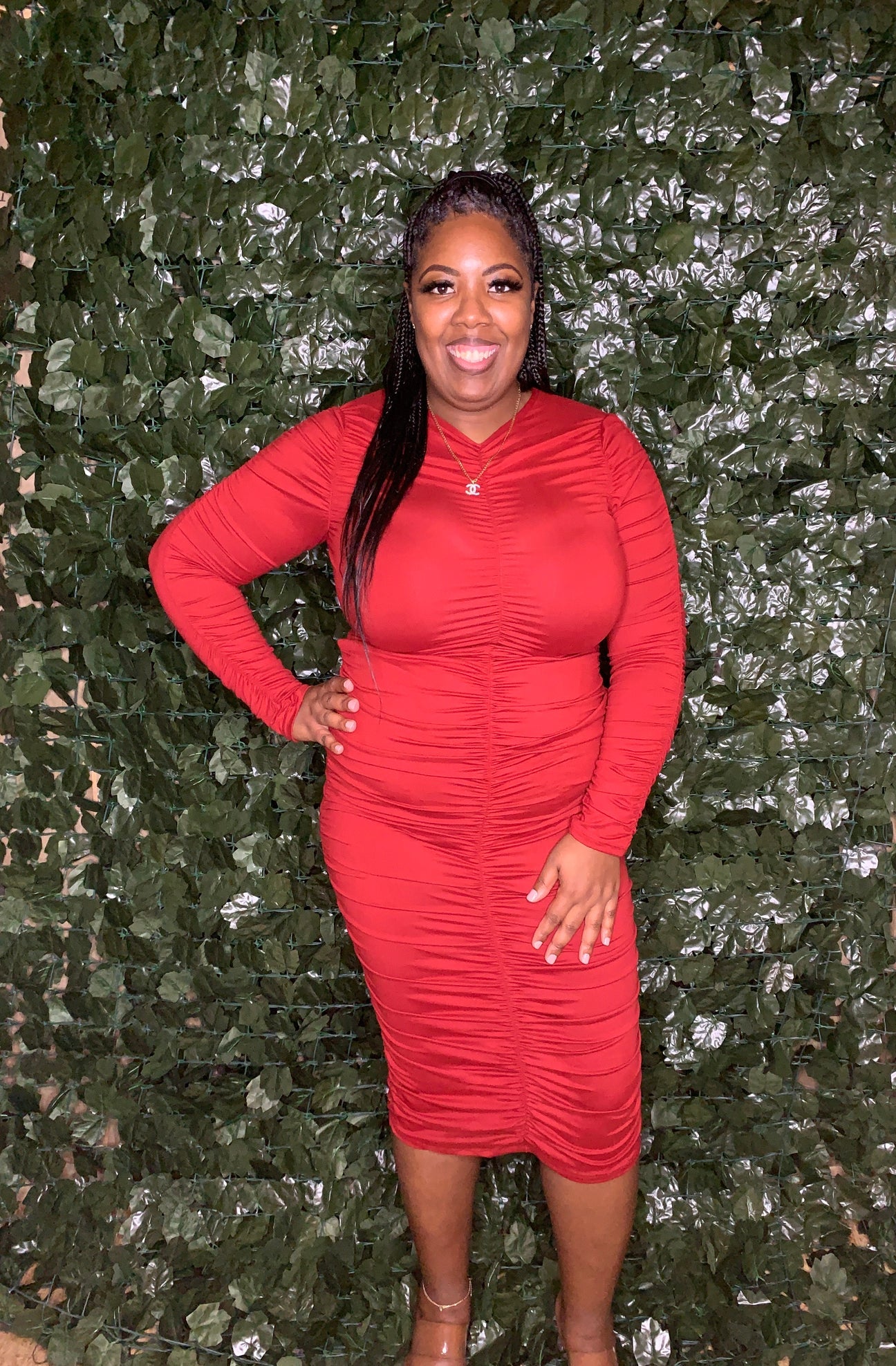 Curvy Plus Size Ruched Long Sleeve Midi Dress 5 COLORS