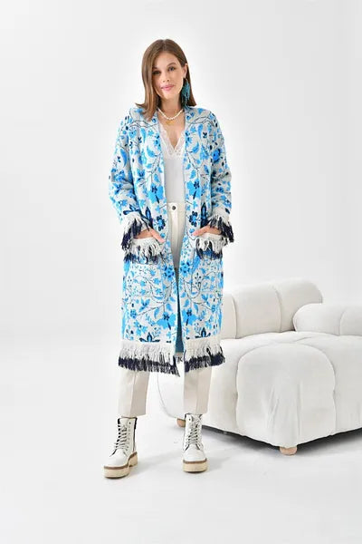 FLORAL PRINT TASSLE TRENCH COAT