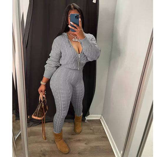 Zip Down Cable Hooded Sweater Set | 6 Colors