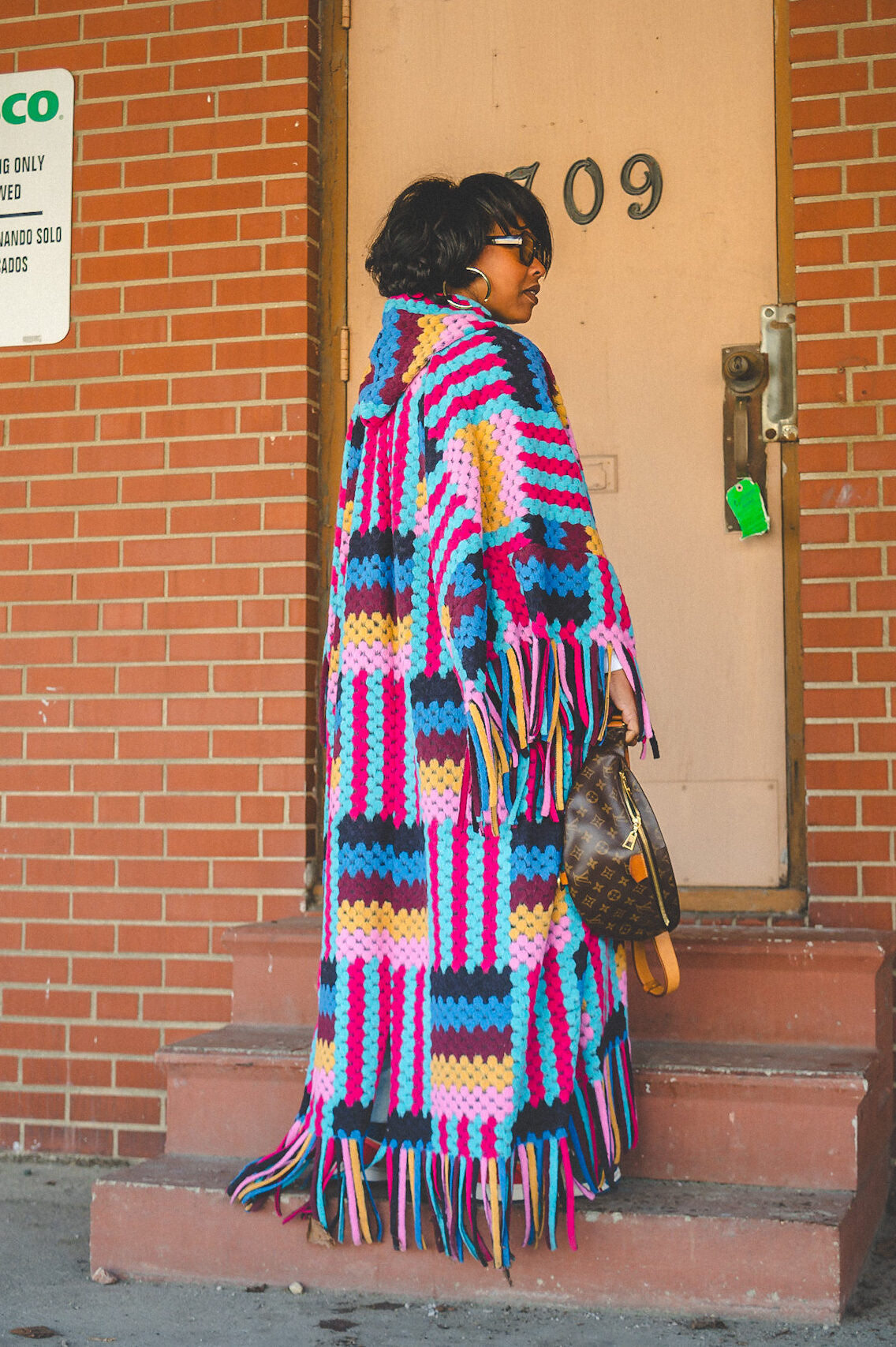 FLY GIRL CARDI | HOODED OPEN FRONT LONG CROCHET COAT KIMONO - PINK BLACK TURQUOISE BLEND