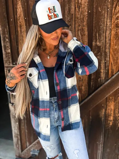 Blue Oversized Plaid Fleece Shacket