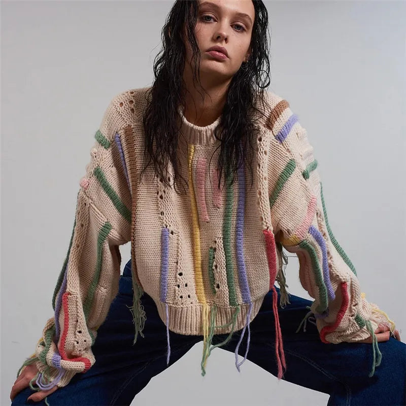 Distressed knit multicolored sweater