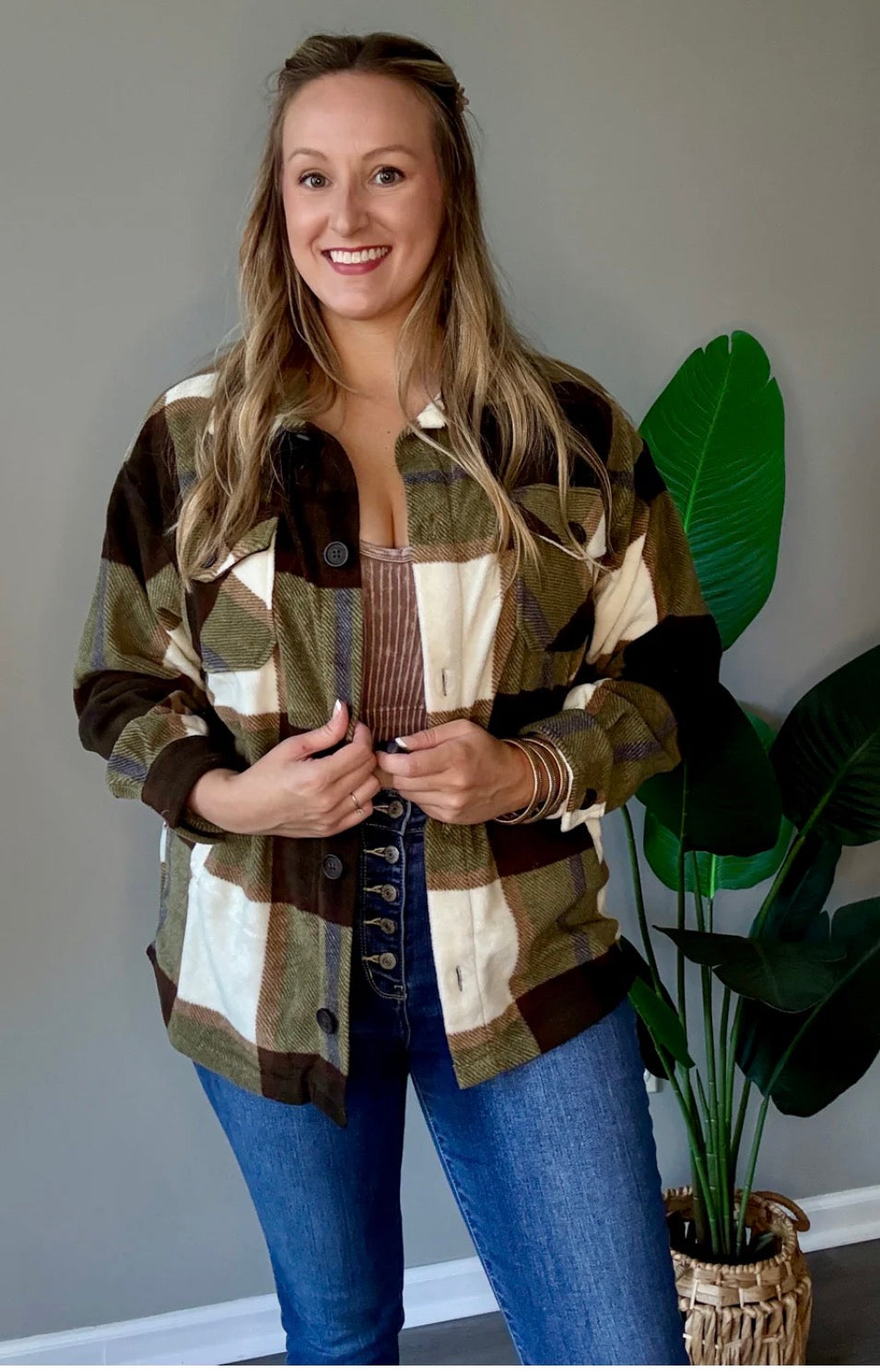 Olive Oversized Plaid Fleece Shacket