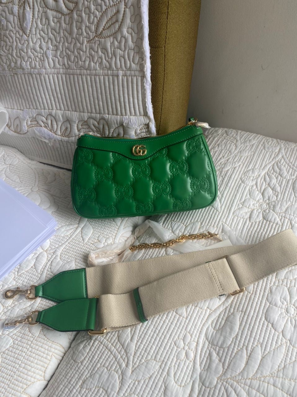 GREEN MATELASSÉ SHOULDER BAG (COMES W/ 2 STRAPS)