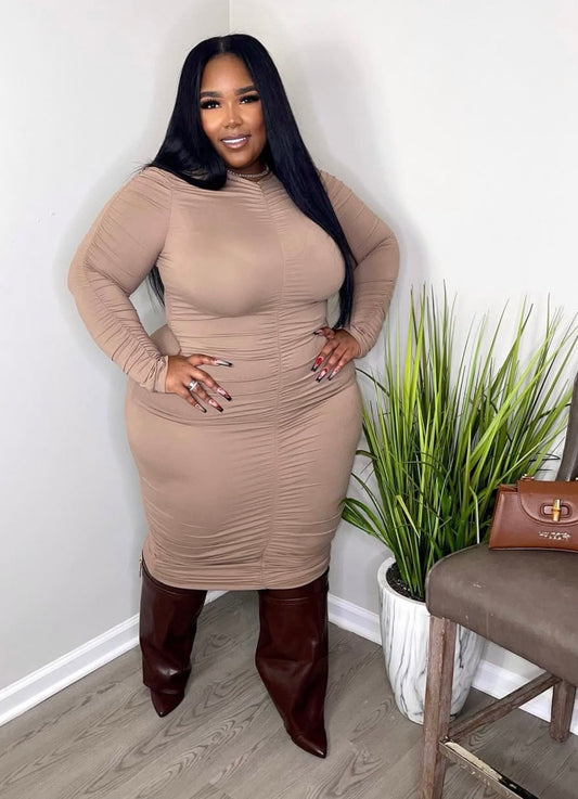 Curvy Plus Size Ruched Long Sleeve Midi Dress 5 COLORS