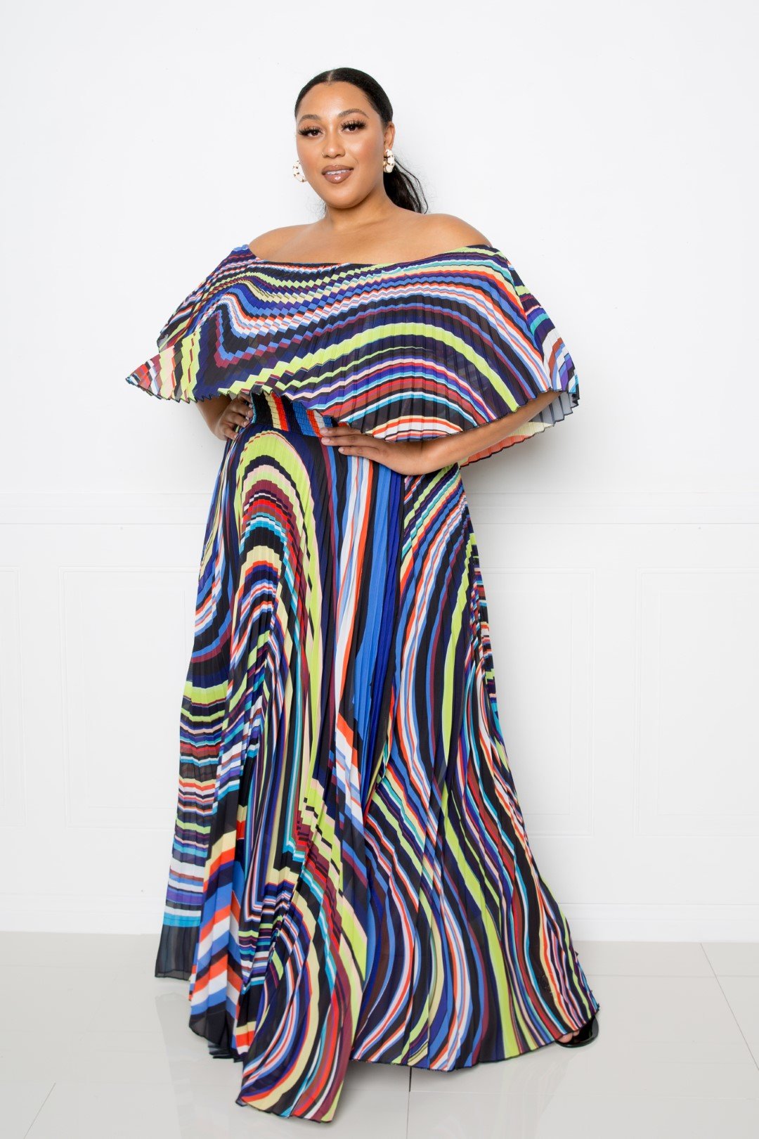 Geo Printed Off Shoulder Pleated Maxi Dress (1X-3X)