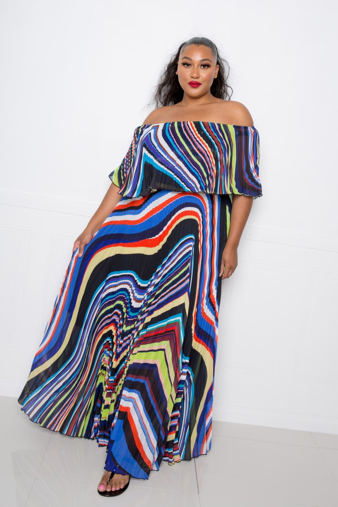 Geo Printed Off Shoulder Pleated Maxi Dress (1X-3X)