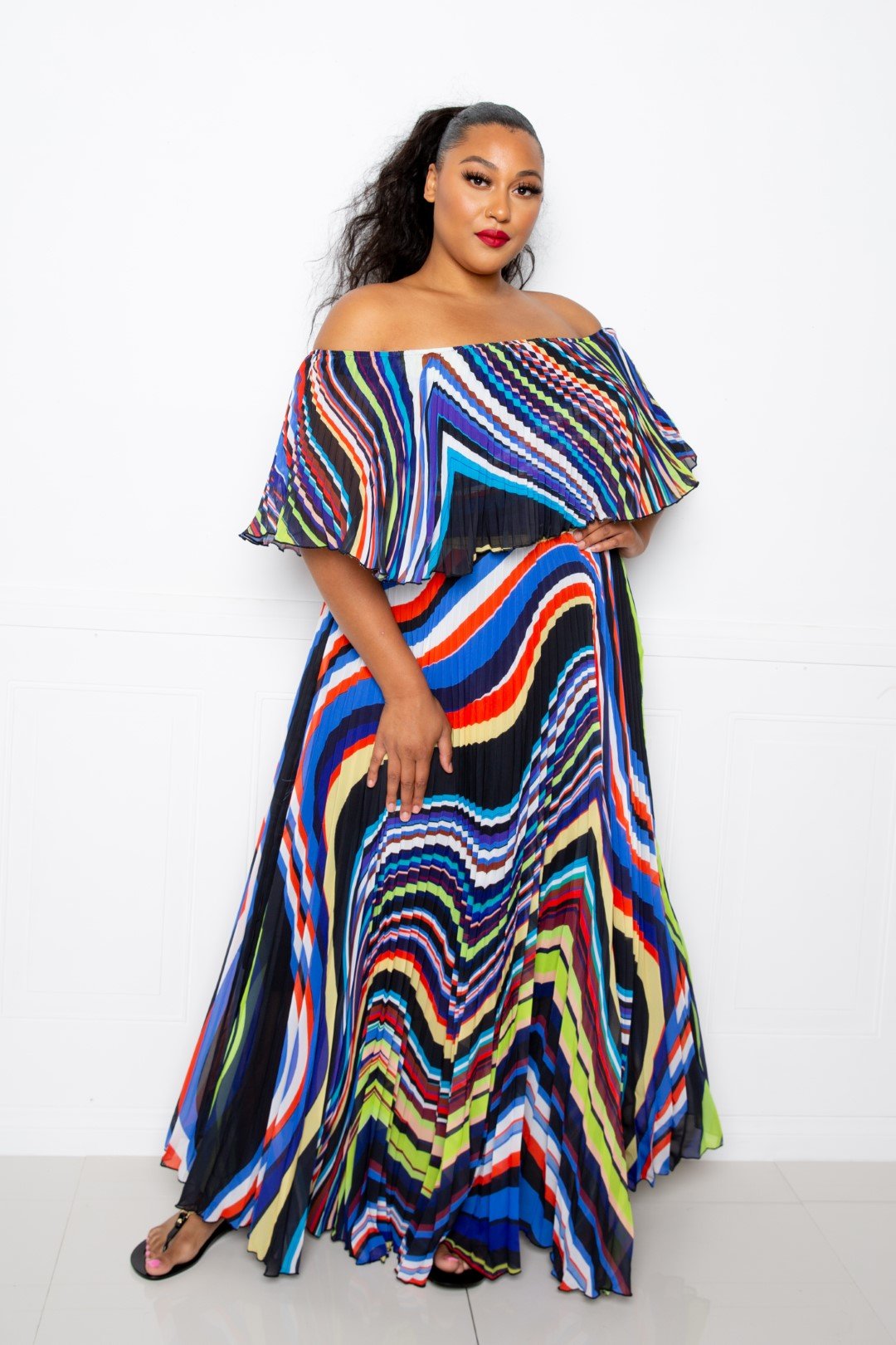 Geo Printed Off Shoulder Pleated Maxi Dress (1X-3X)