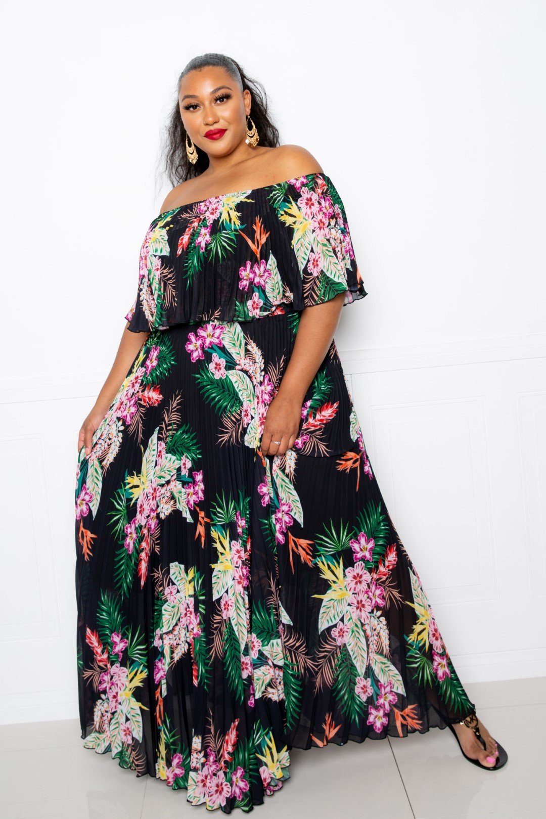 Tropics Off Shoulder Pleated Maxi Dress