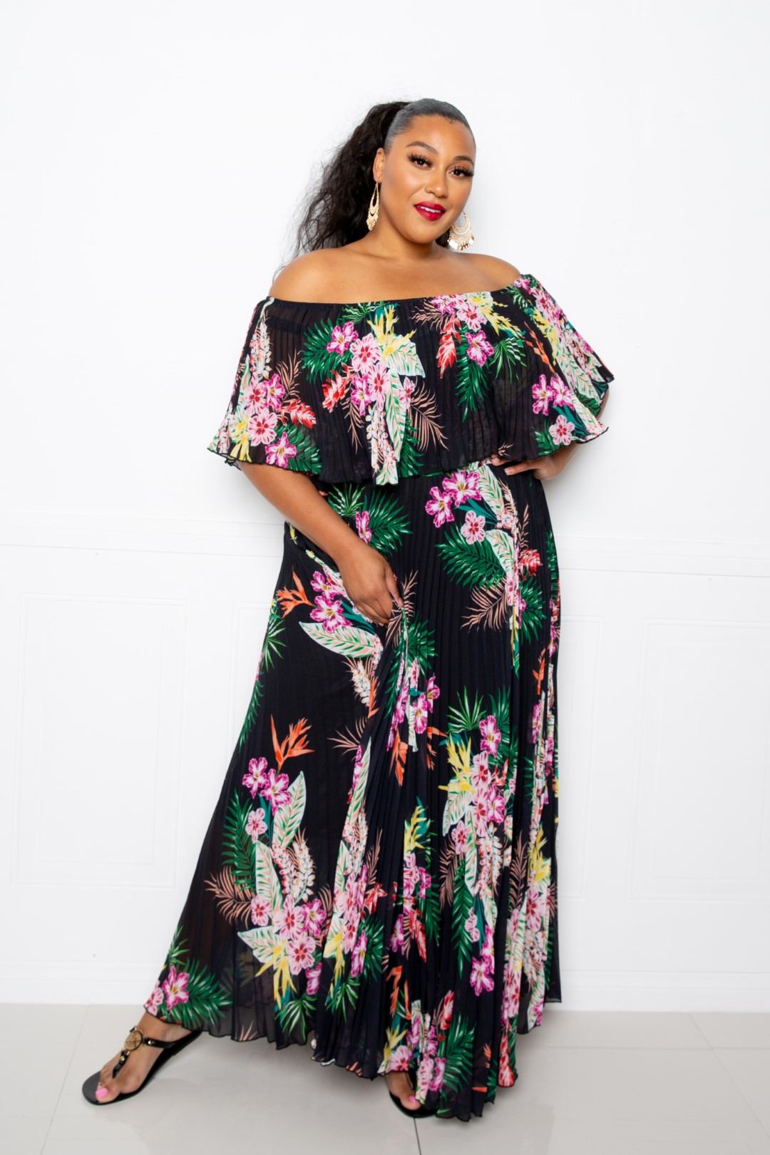 Tropics Off Shoulder Pleated Maxi Dress