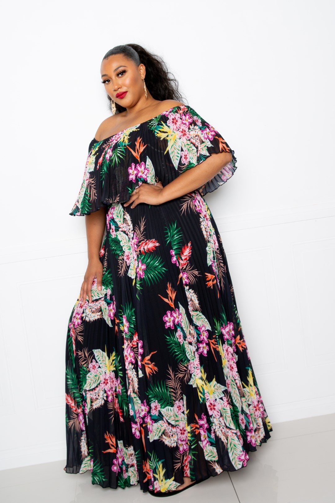 Tropics Off Shoulder Pleated Maxi Dress