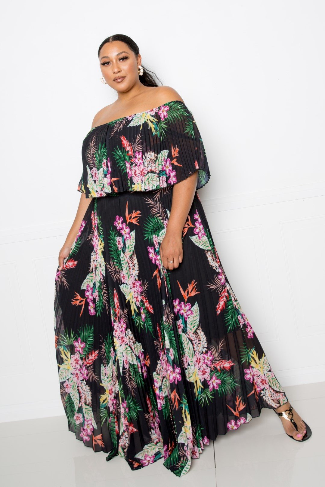 Tropics Off Shoulder Pleated Maxi Dress