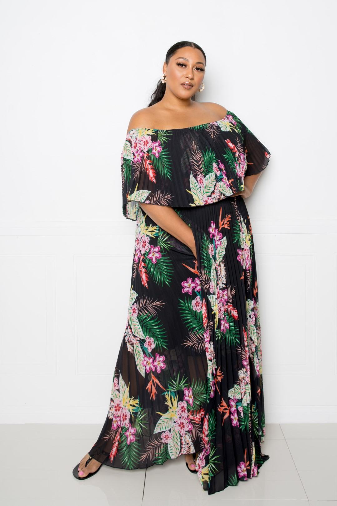 Tropics Off Shoulder Pleated Maxi Dress