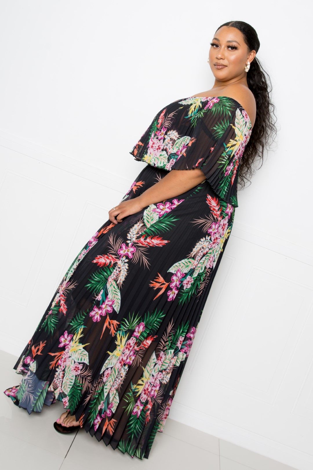 Tropics Off Shoulder Pleated Maxi Dress