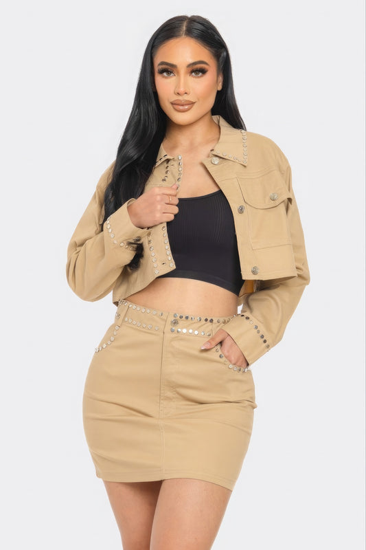 Khaki Studded Skirt set