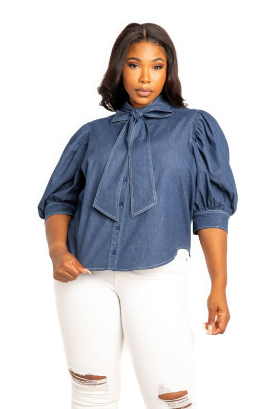 Bell Sleeve Denim Blouse with Tie