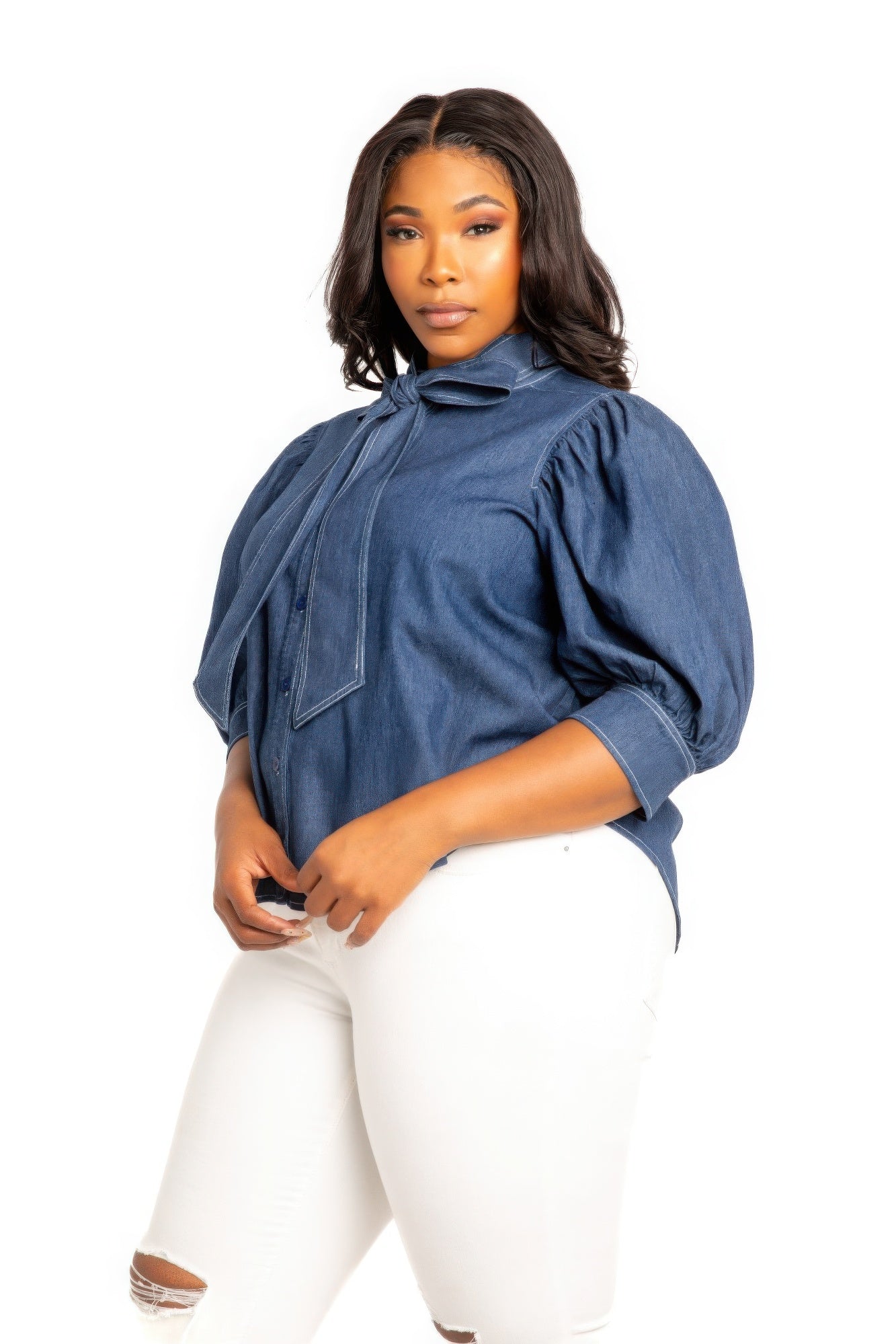 Bell Sleeve Denim Blouse with Tie