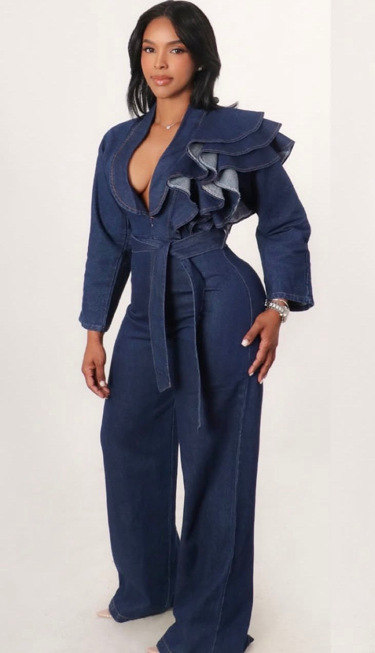 Dark Denim Ruffle Shoulder Jumpsuit XL 1X 2X