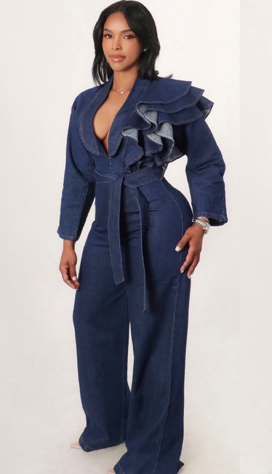 Dark Denim Ruffle Shoulder Jumpsuit XL 1X 2X
