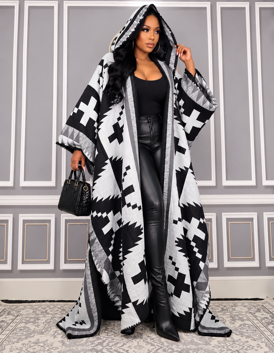 Hooded Gray & Black Kimono Cardigan -- Ships within 10-15 business days from order date