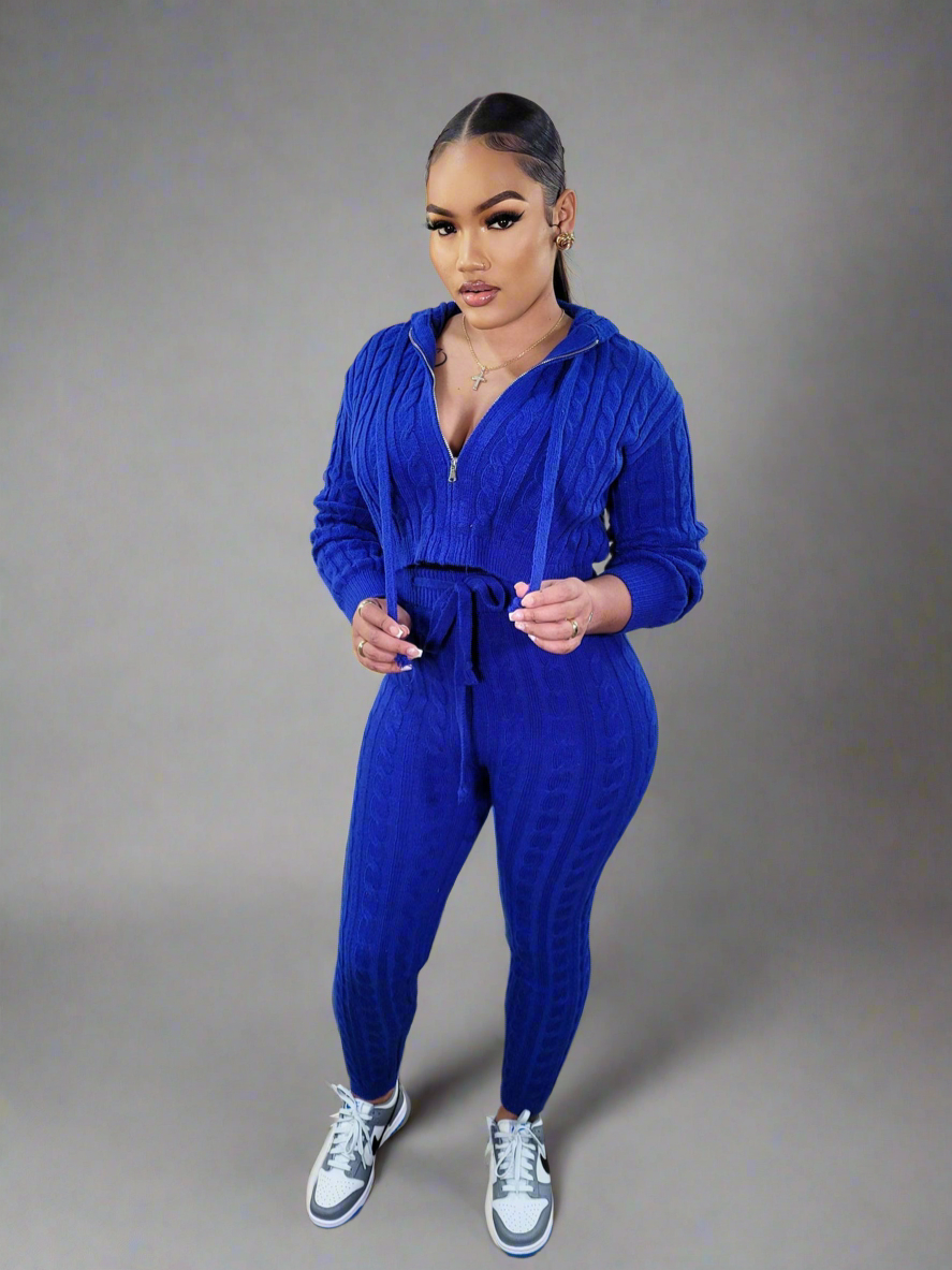 Zip Down Cable Hooded Sweater Set | 6 Colors