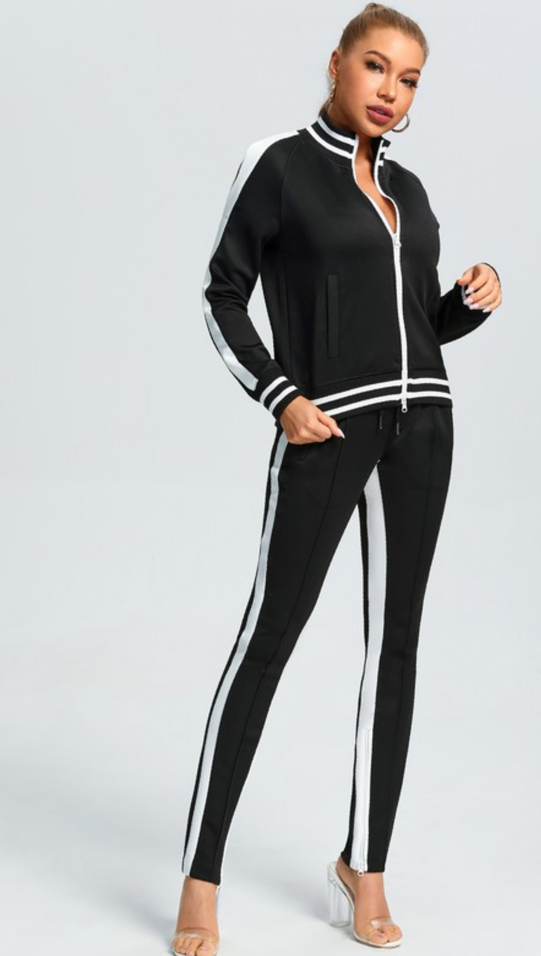 Sporty Chic Zip-Up Pant Set – Black/White (Size Small Only)