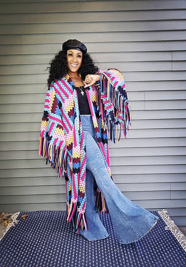 FLY GIRL CARDI | HOODED OPEN FRONT LONG CROCHET COAT KIMONO - PINK BLACK TURQUOISE BLEND