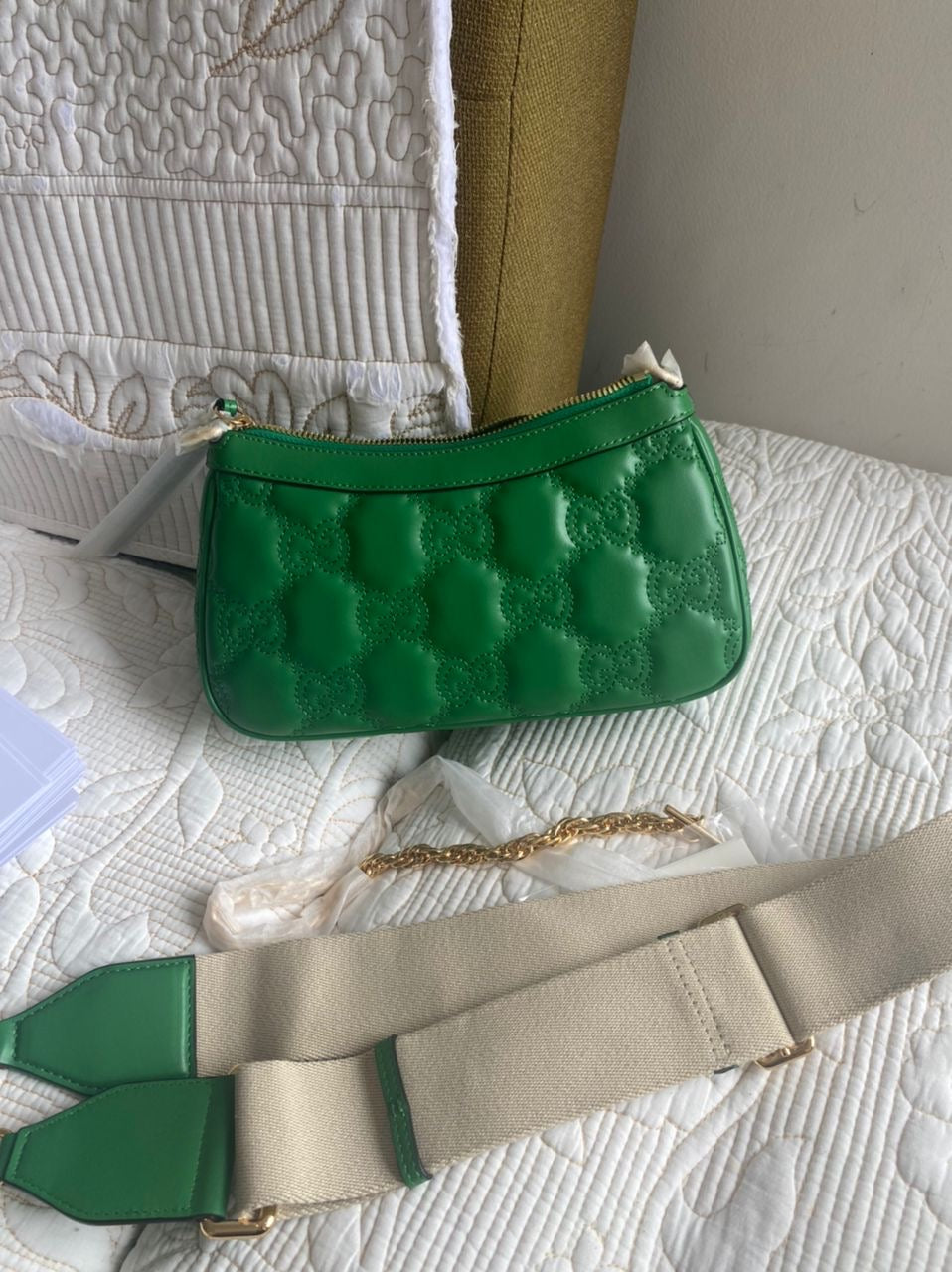 GREEN MATELASSÉ SHOULDER BAG (COMES W/ 2 STRAPS)