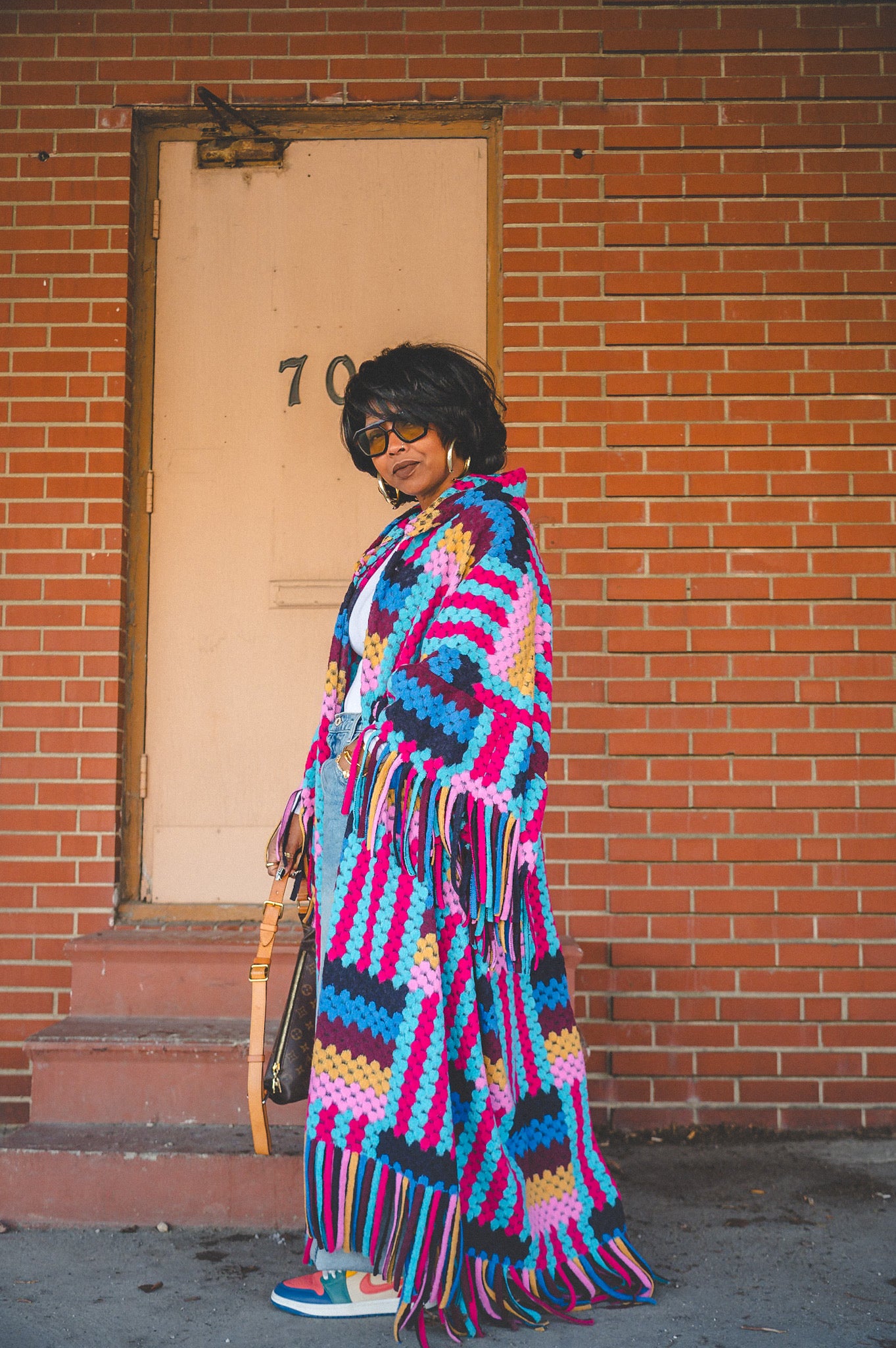 FLY GIRL CARDI | HOODED OPEN FRONT LONG CROCHET COAT KIMONO - PINK BLACK TURQUOISE BLEND