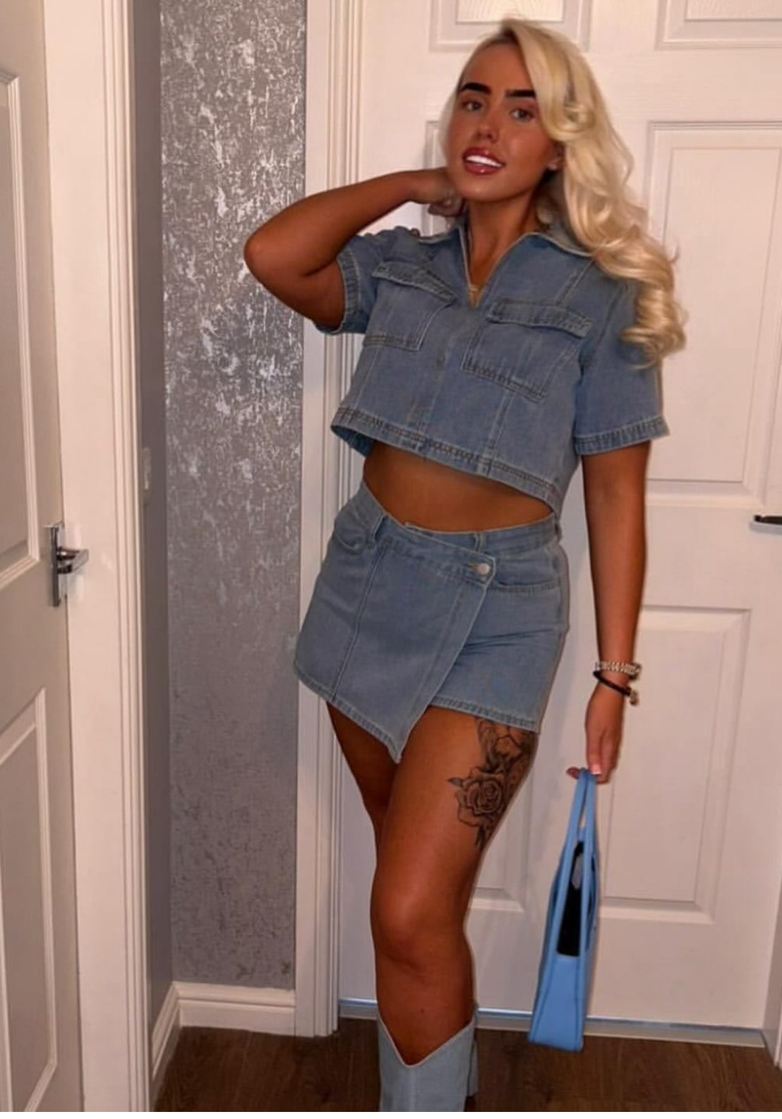 Cropped Denim Shirt And Skort Set