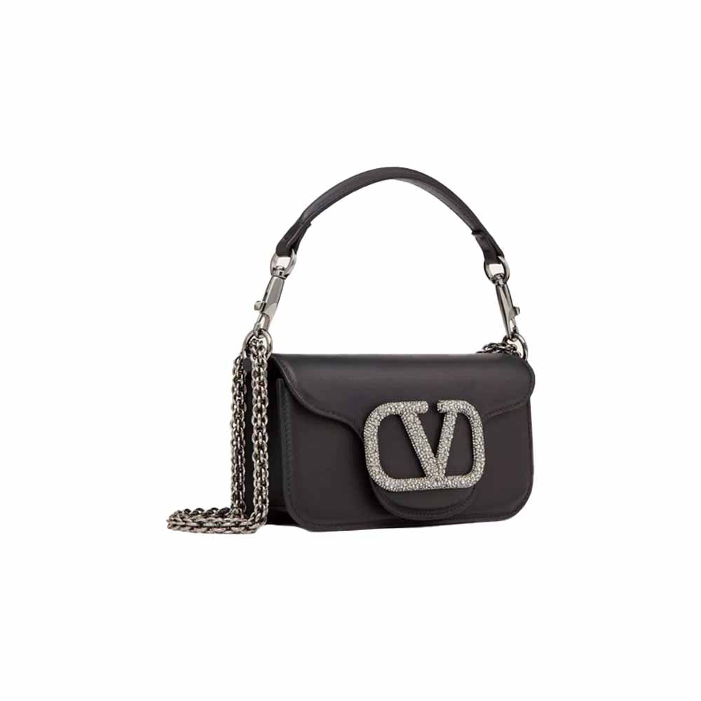 Calfskin Crystal Vlogo Small Loco Shoulder Bag Black