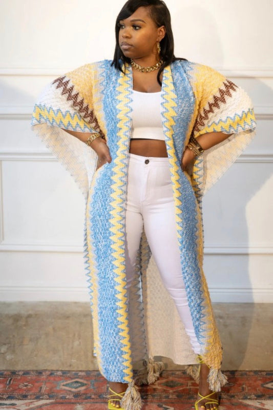Knitted Cardigan With Bottom Tassels In White Blue Yellow Tan And Brown | Cardigan Kimono Duster