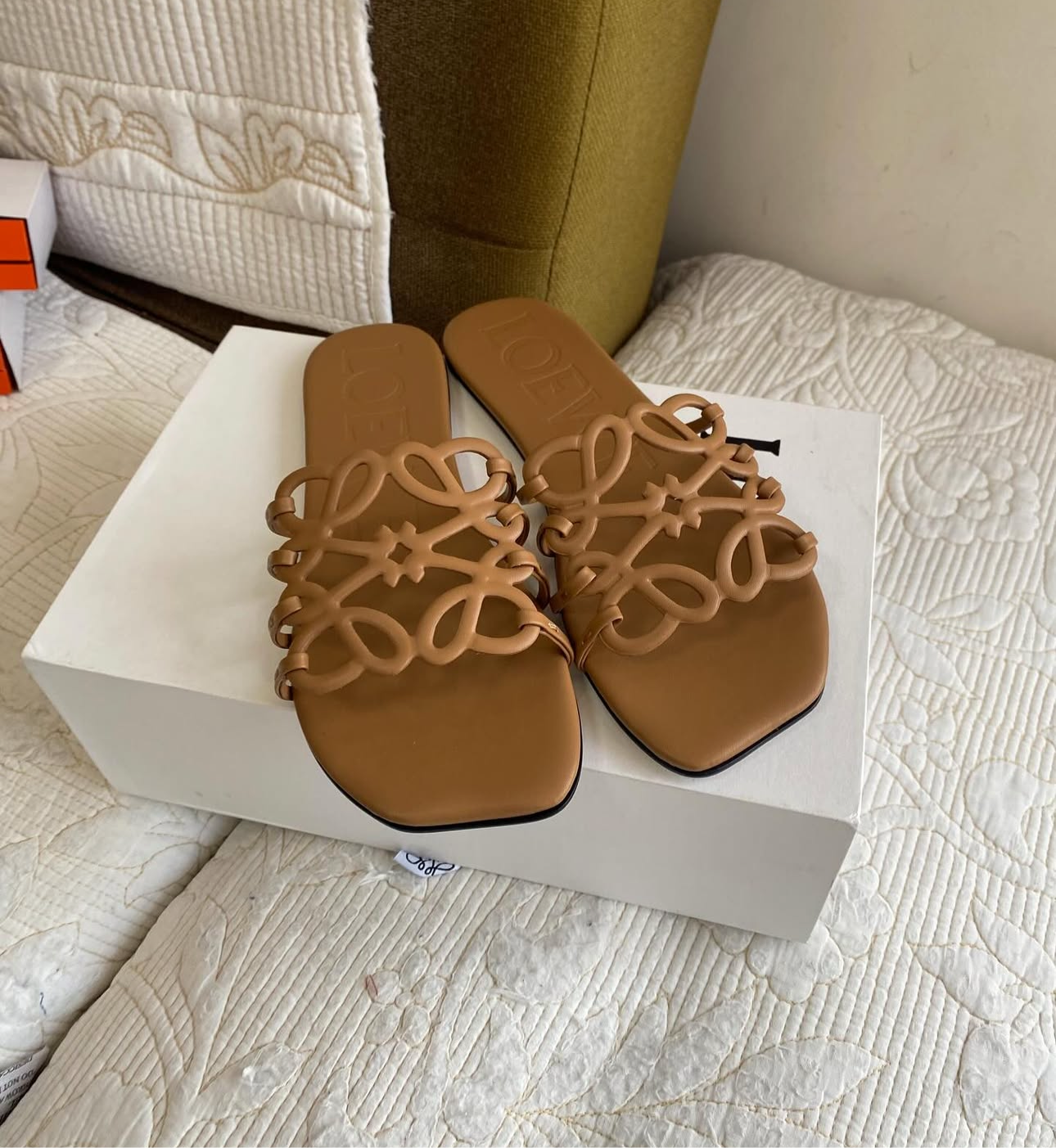 Camel Petal Leather Anagram Slide Sandals