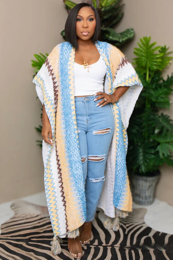 Knitted Cardigan With Bottom Tassels In White Blue Yellow Tan And Brown | Cardigan Kimono Duster