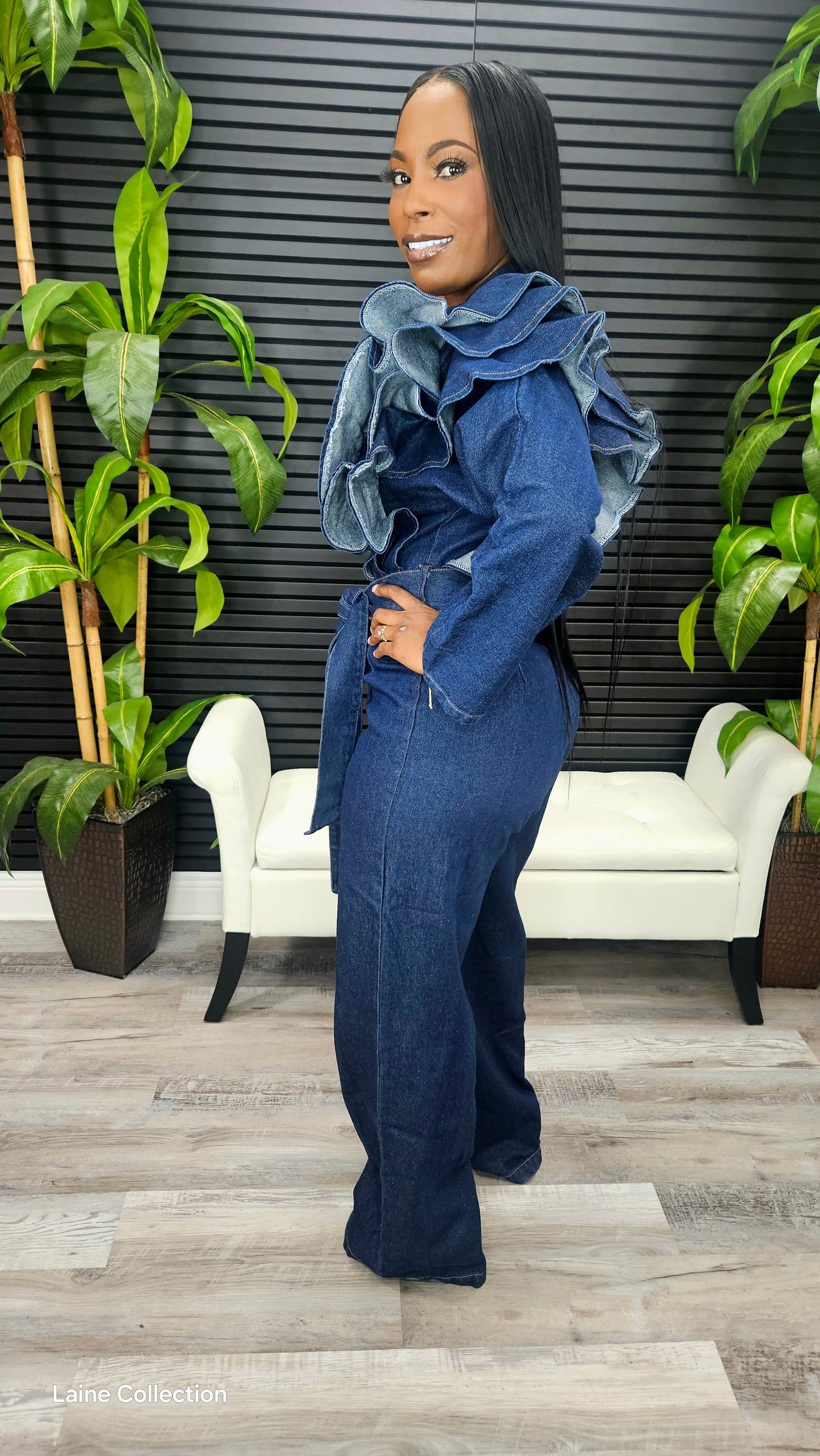 Dark Denim Ruffle Shoulder Jumpsuit SMALL MED LARGE