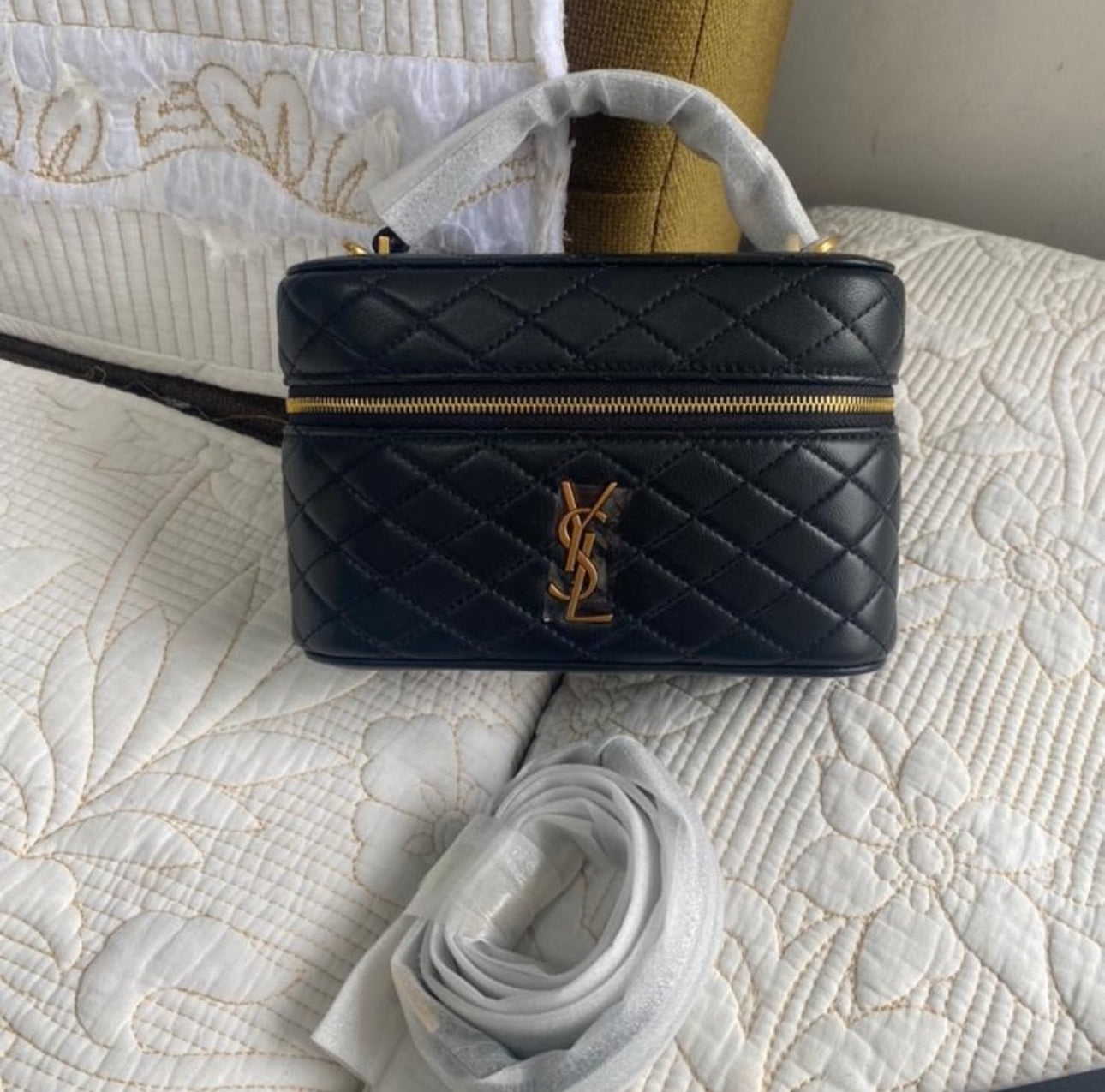 Black Gaby Mini Vanity Case in Quilted Leather with Gold Hardware