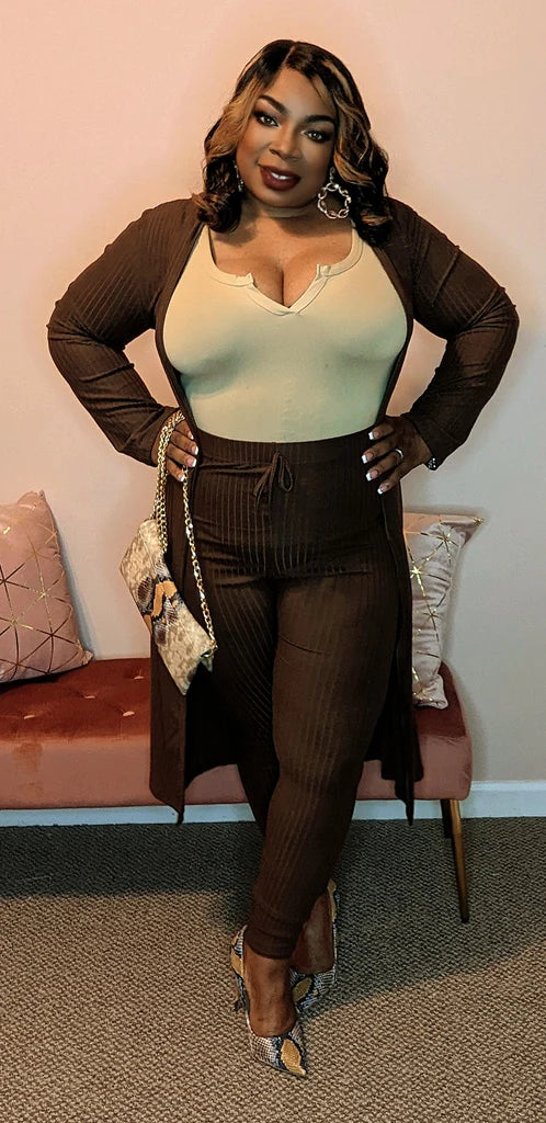 Plus Size | Rich Ribbed Long Cardigan & Leggings Set (6 Colors)