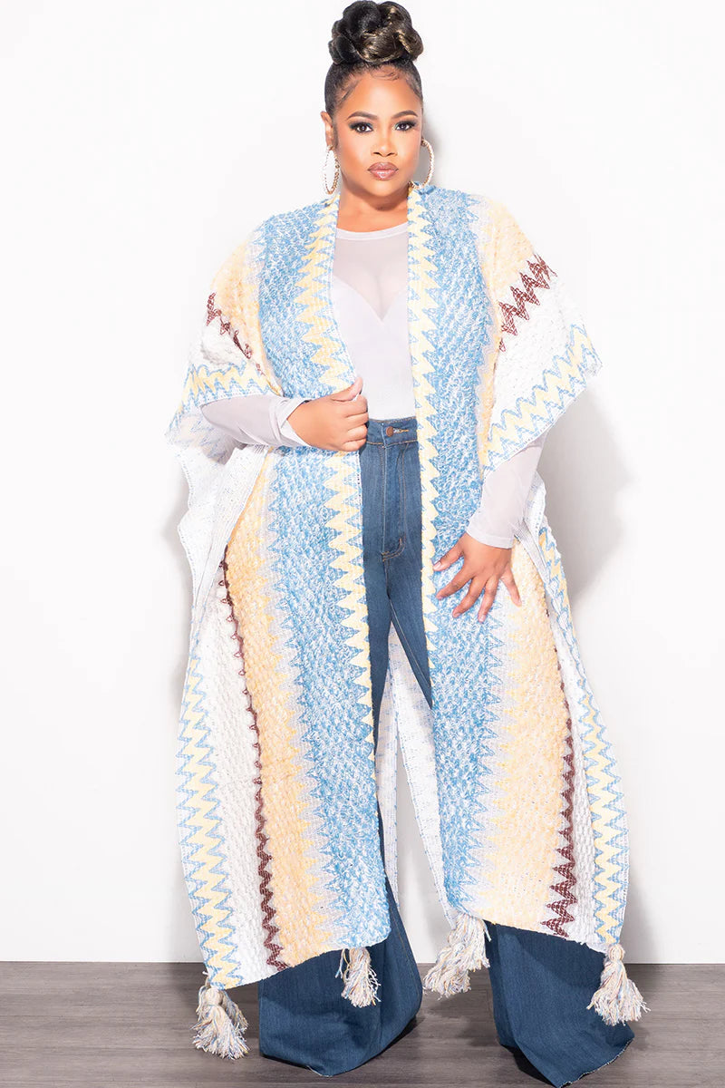 Knitted Cardigan With Bottom Tassels In White Blue Yellow Tan And Brown | Cardigan Kimono Duster