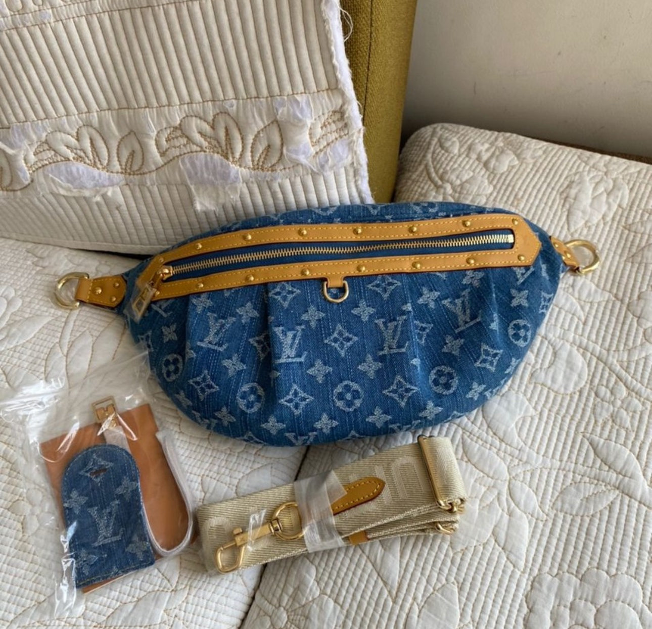 Monogram Denim Fanny Pack + Pillow Flat Comfort Mules